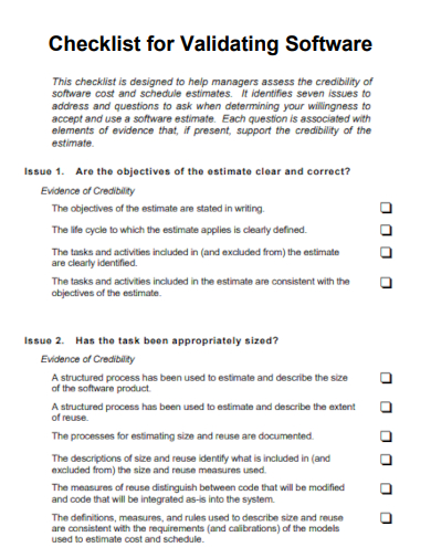 sample checklist for validating software template
