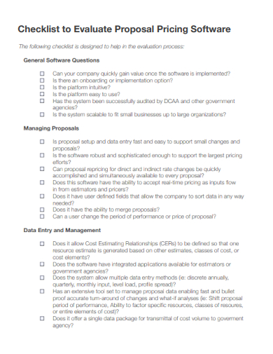 sample checklist to evaluate proposal pricing software template