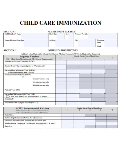 sample child care immunization form template