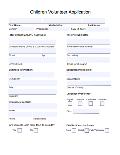 sample children volunteer application form template