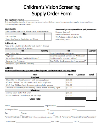 sample childrens vision screening supply order form template