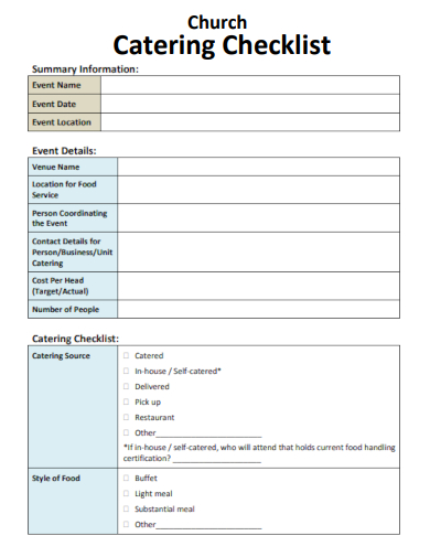 sample church catering checklist template