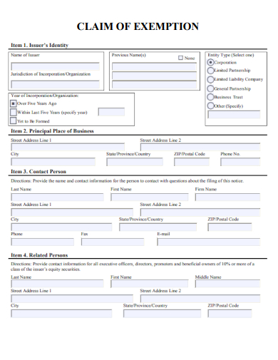 sample claim of exemption form template