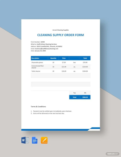sample cleaning supply order form template