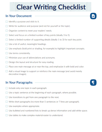 sample clear writing checklist template