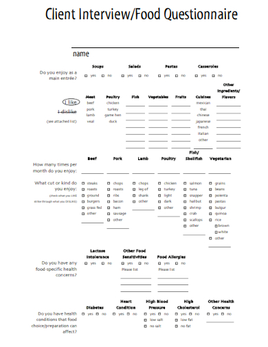 sample client interview food questionnaire template