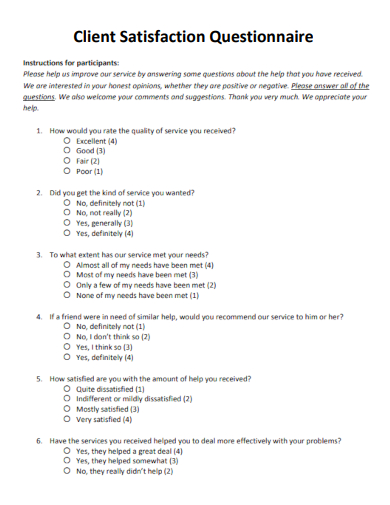 sample client satisfaction questionnaire template