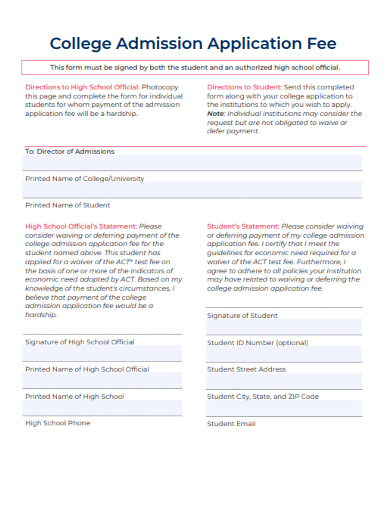 sample college admission application fee form template