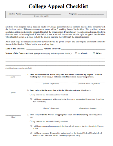 sample college appeal checklist template