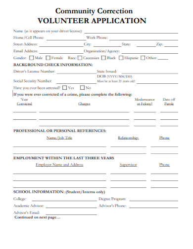 sample community correction volunteer application form template