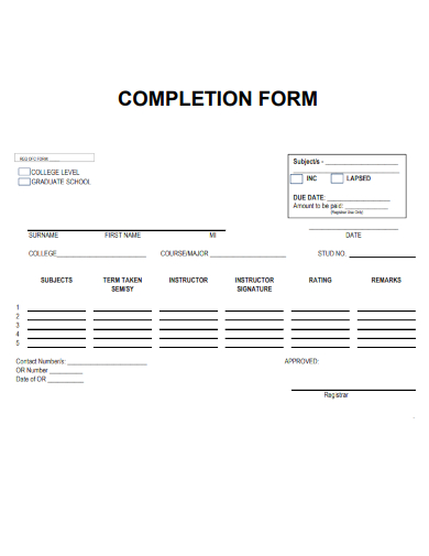 sample completion form basic template