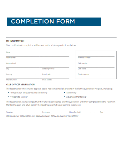 sample completion form standard template