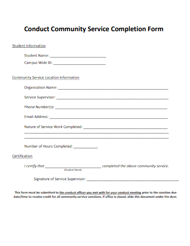 sample conduct community service completion form template