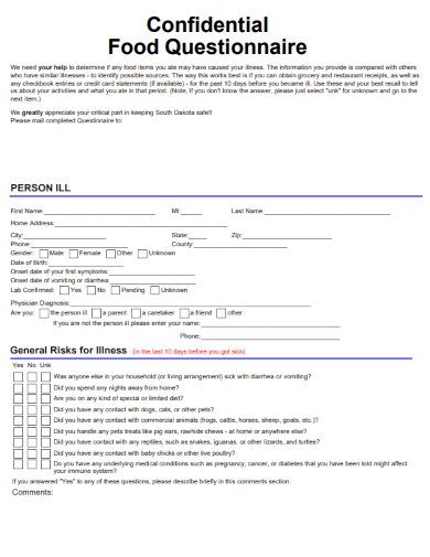 sample confidential food questionnaire template