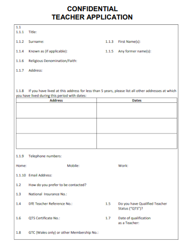 sample confidential teacher application template
