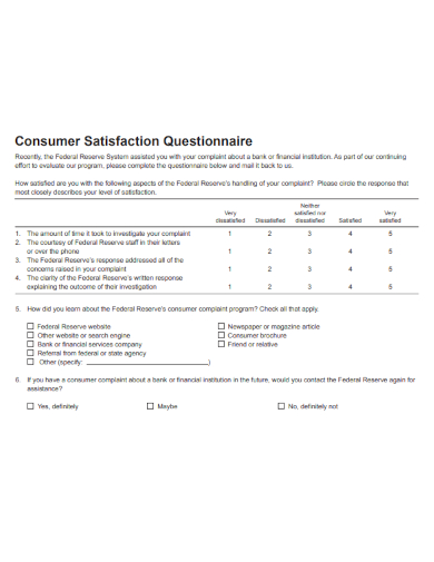 sample consumer satisfaction questionnaire template