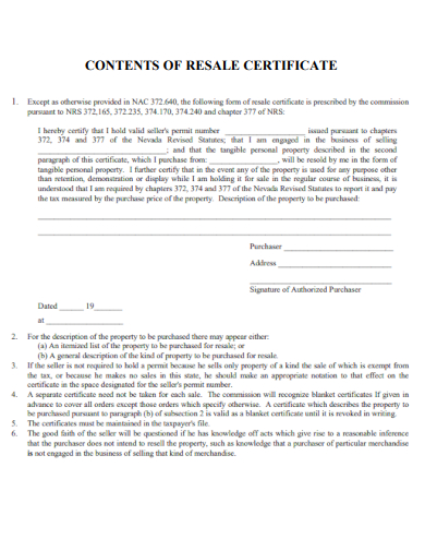 sample contents of resale certificate template