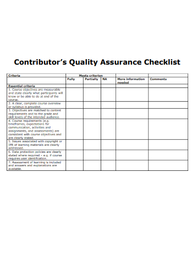 sample contributors quality assurance checklist template