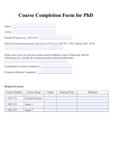 sample course completion form for phd template