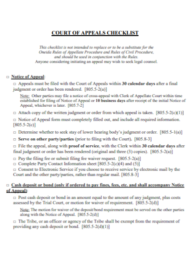 sample court of appeals checklist template