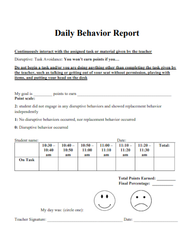 sample daily behavior report template