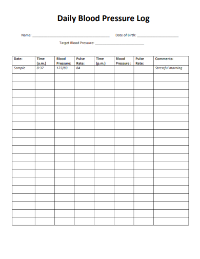 sample daily blood pressure log form template