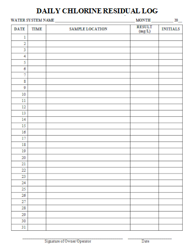 sample daily chlorine residual log form template