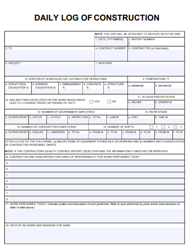 sample daily log of construction form template