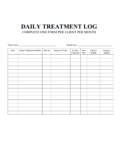 sample daily treatment log form template