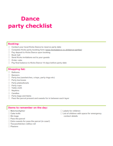 sample dance party checklist template