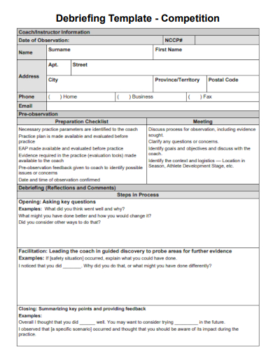 sample debriefing competition template