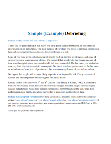 sample debriefing example template