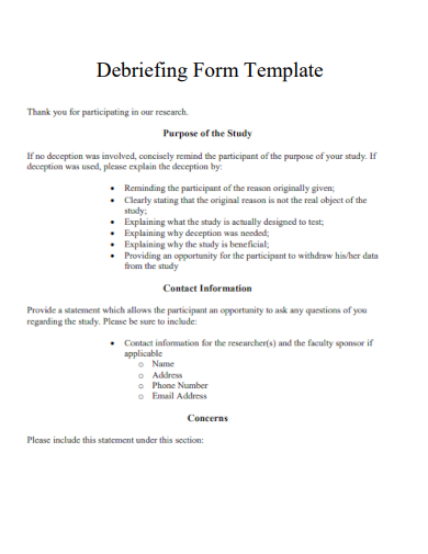 sample debriefing form template template