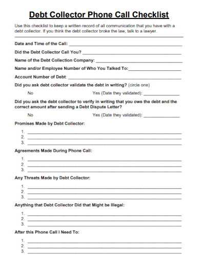 sample debt collector phone call checklist template