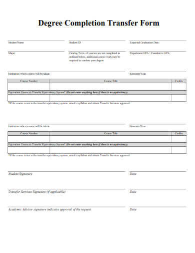 sample degree completion transfer form template