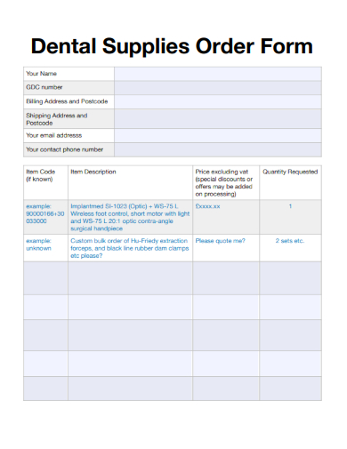 sample dental supplies order form template