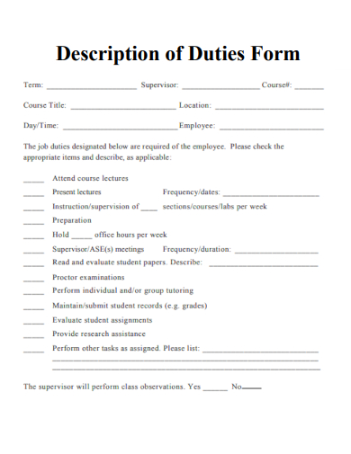 sample description of duties form template