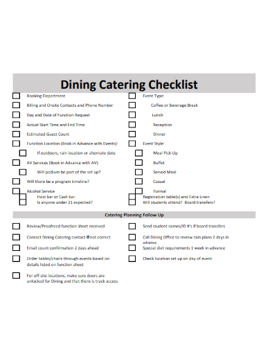 sample dining catering checklist template