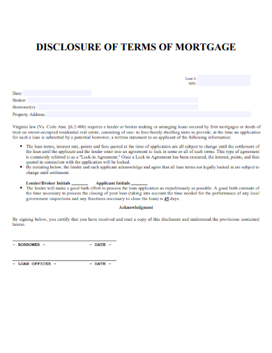sample disclosure of terms of mortgage form template