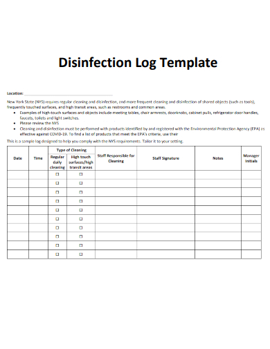 sample disinfection log form template