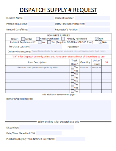 sample dispatch supply request template