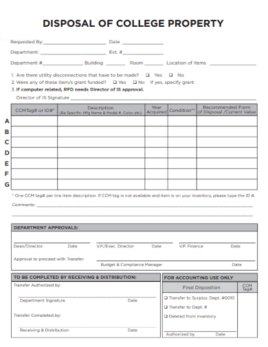 sample disposal of college property form template