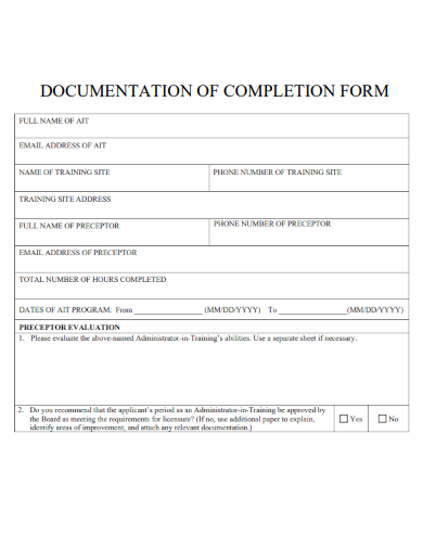 sample documentation of completion form template