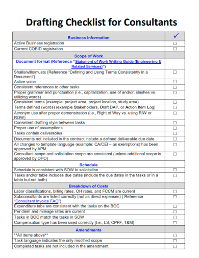 sample drafting checklist for consultants template