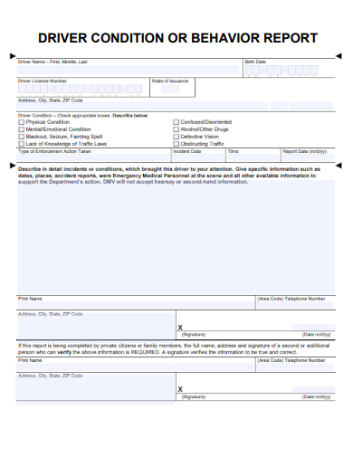 sample driver condition or behavior report template