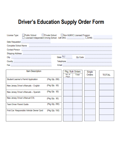 sample drivers education supply order form template