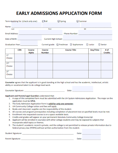 sample early admission application form template