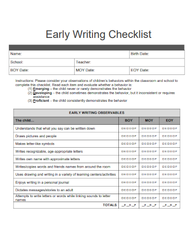 sample early writing checklist template