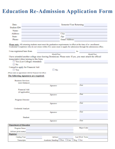 sample education re admission application form template