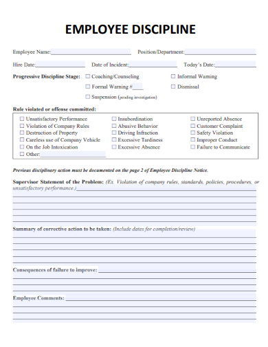 sample employee discipline form template